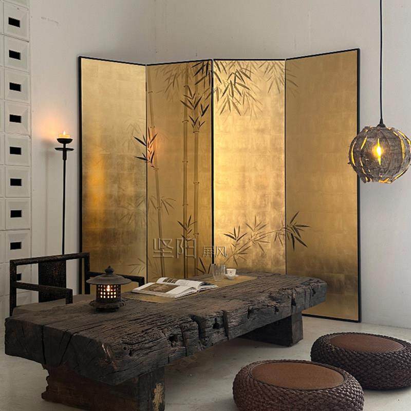 坚阳手绘竹子金箔屏风简约中古风客厅隔断四扇折屏新中式茶室定制