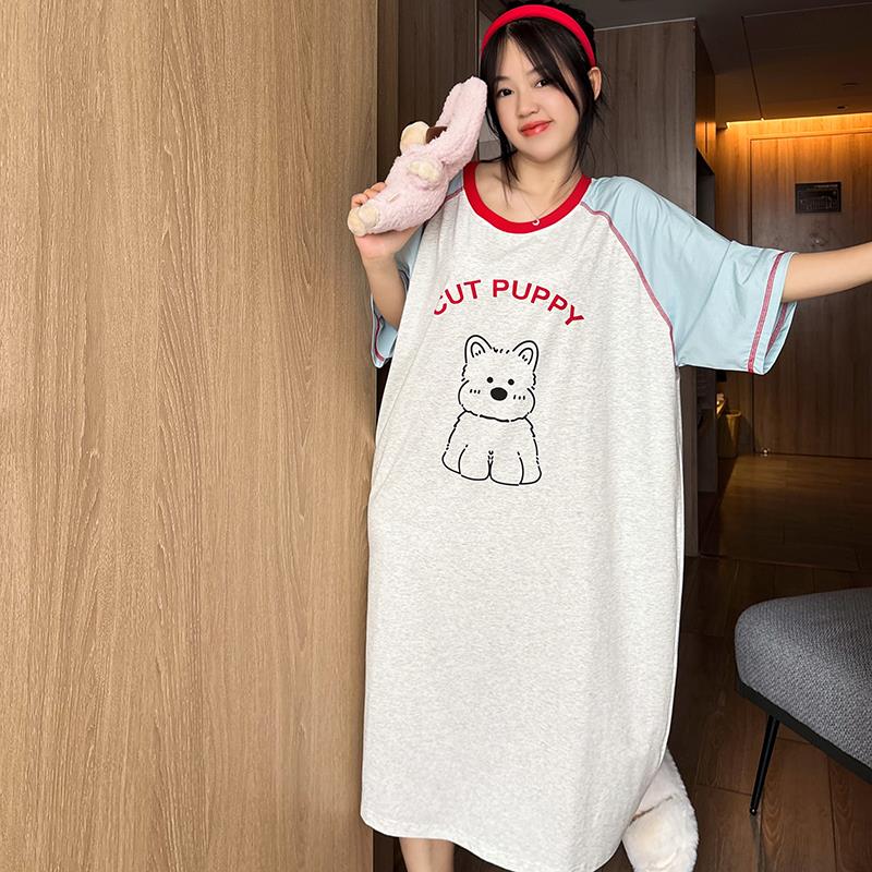 蓝色插肩袖小狗短袖纯棉睡裙女夏季宽松孕妇大码胖MM睡衣家居服