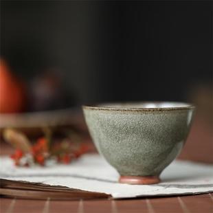 志野开片绿釉茶杯景德镇纯手工陶瓷茶具复古冰裂纹主人杯粗陶单杯
