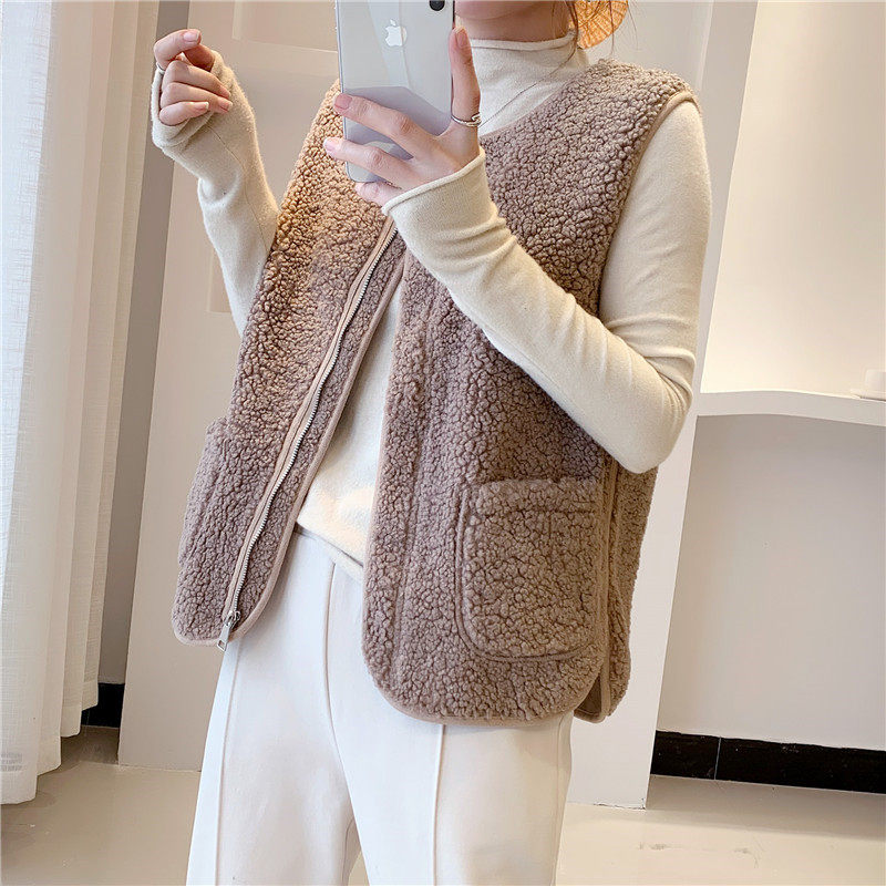 TJ 拉链保暖羊羔绒马甲女短款冬季大码皮毛一体坎肩外穿背心马夹