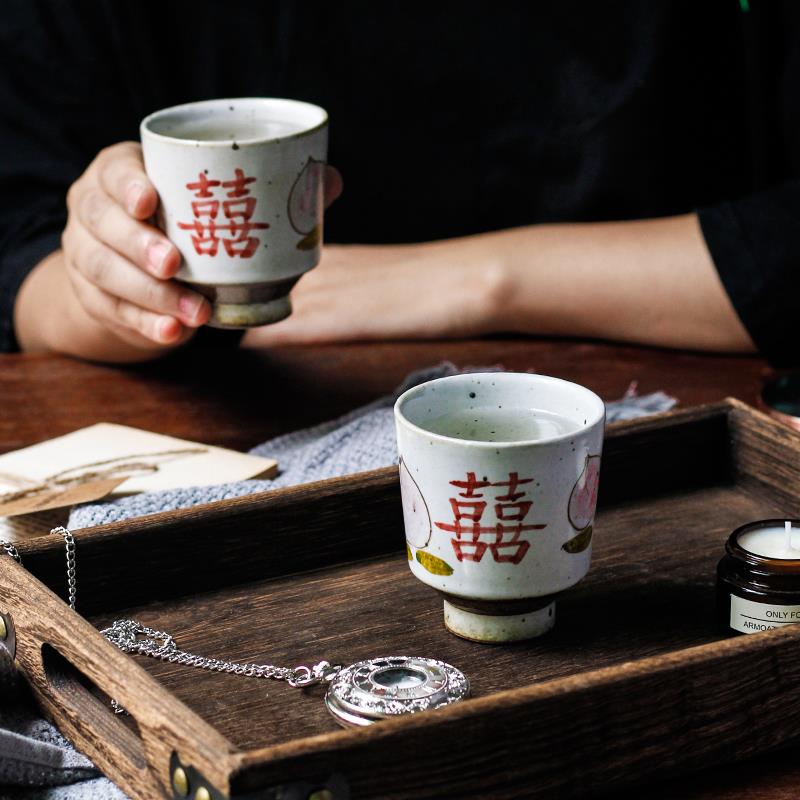 景德镇日式复古结婚敬茶杯粗陶手绘高脚杯陶瓷酒杯品茗杯新婚礼物