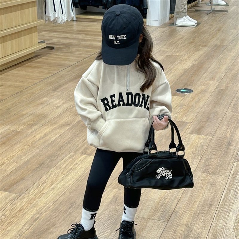 儿童韩版厚棉T2023冬季新款童装中小女童洋派字母拉炼加绒加厚厚