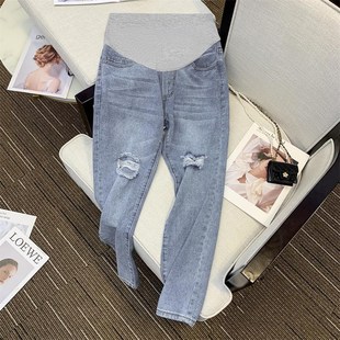 托腹裤 春秋怀孕长裤 子春季 2025新款 外穿破洞牛仔直筒裤 孕妇春装