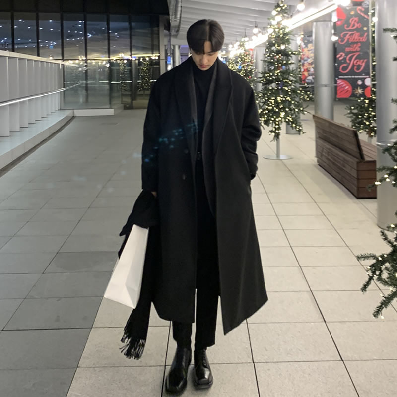 韩系毛呢大衣男士中长款过膝冬季加厚休闲宽松韩T版风衣外套英伦