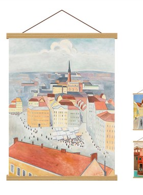 北欧小镇小众文艺小清新实木磁铁挂轴画客厅卧室装饰画油画布挂画