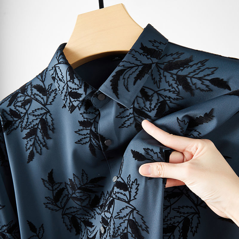 潮牌高端大尺f码长袖衬衫2022男士春秋新款立领印花植绒加大男装