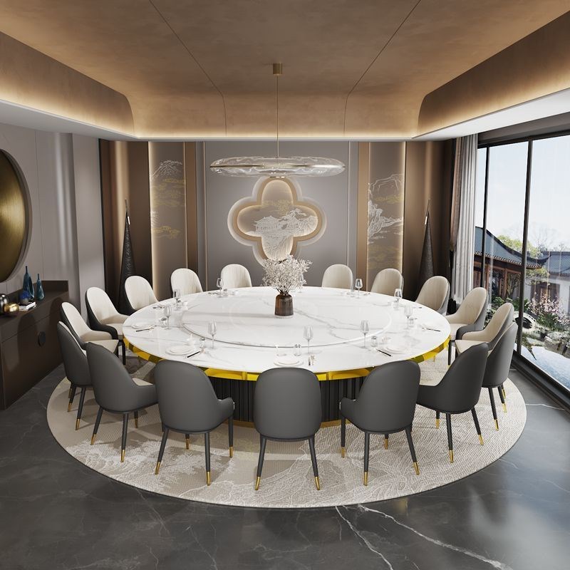 酒店轻奢岩板餐桌电动桌电磁炉大理石包厢圆桌S餐桌商务用餐饮店