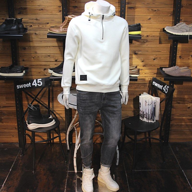 拉链领口男连帽卫衣时尚青年帅气插兜套头帽衫春秋带帽休闲外套