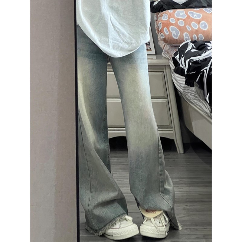 怀旧蓝牛仔裤女秋季新q款胖妹妹mm梨形身材高腰宽松显瘦毛边阔腿
