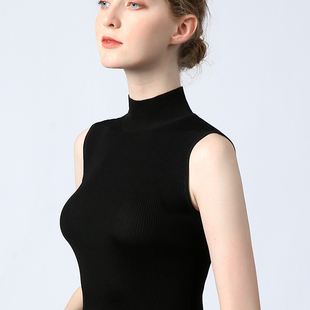 紧身砍袖b半高领背心女打底夏黑螺纹上衣薄修身冰丝无袖针织衫短