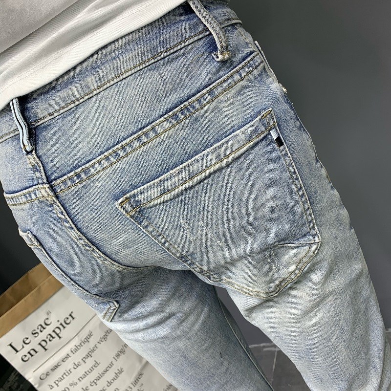 夏季浅色复古牛仔裤男潮牌美式休闲弹力潮流男士修身小脚九分裤子