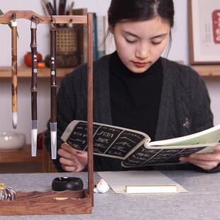 野里花间【小桥流水】檀香木实木笔挂中式毛笔架笔搁文房四宝收纳