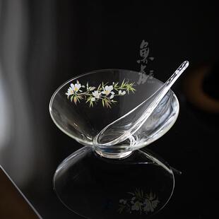 家用四果汤冰沙甜品茶碗 鱼戏手工贴花耐热玻璃干冷泡茶碗茶勺套装