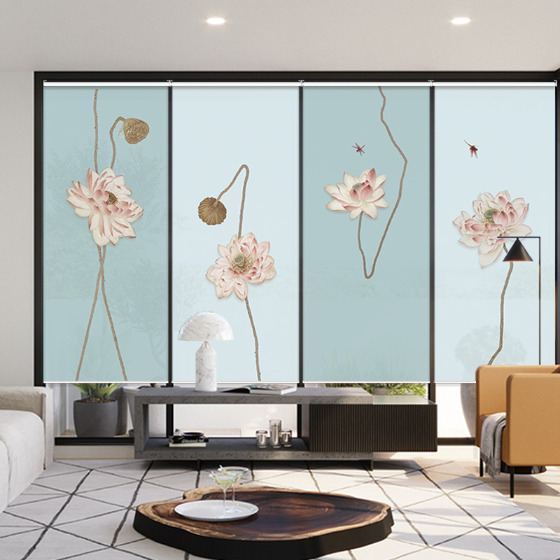 新中式卷帘遮光遮阳拉珠升降式手动电动落地窗定制窗帘客厅阳台