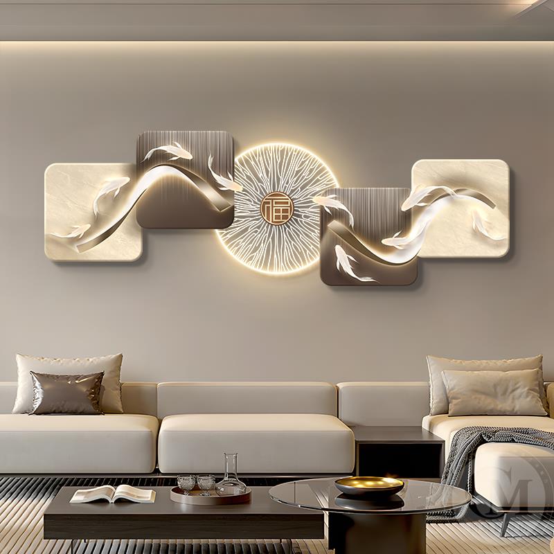 简约现代九鱼图客厅装饰画高级感led灯画沙发背景墙福字画寓意好