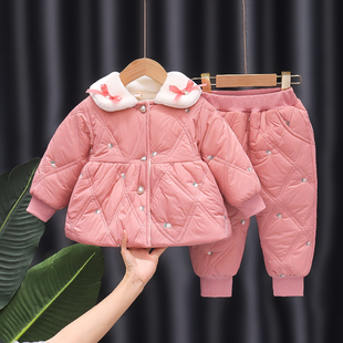女童套装冬装2023新款加绒儿童两件套小童网红洋派女宝宝冬季棉衣