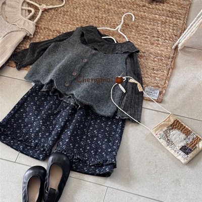 承麦~25秋装新款女童森系马甲上衣套装8272碎花直筒裤8235