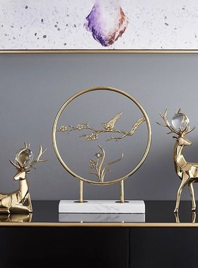 新中式铜鹿屏风摆件入户玄关招财家居乔迁礼物天然大理石精致饰品