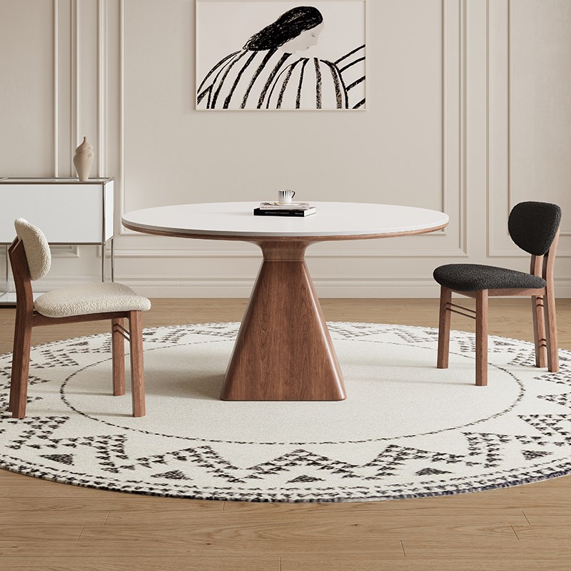 德利丰岩板餐桌圆形小户型法式奶油中古风高端全托纯白吃饭圆桌子