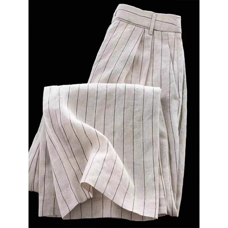 竖条纹阔腿裤子女夏季薄款2025新款宽松高腰显瘦轻薄棉麻休闲长裤