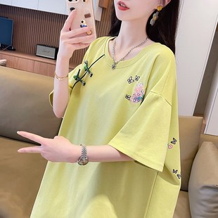 刺绣短袖 孕妇装 遮肚子不显怀上衣中国风中长版 2025新款 t恤女 夏款