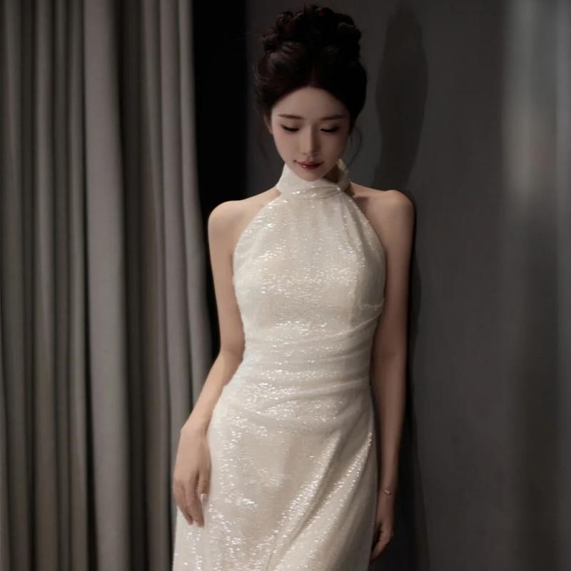 法式挂脖轻婚纱晨袍新娘女高端轻奢敬酒服宴会气质鱼尾亮片晚礼服