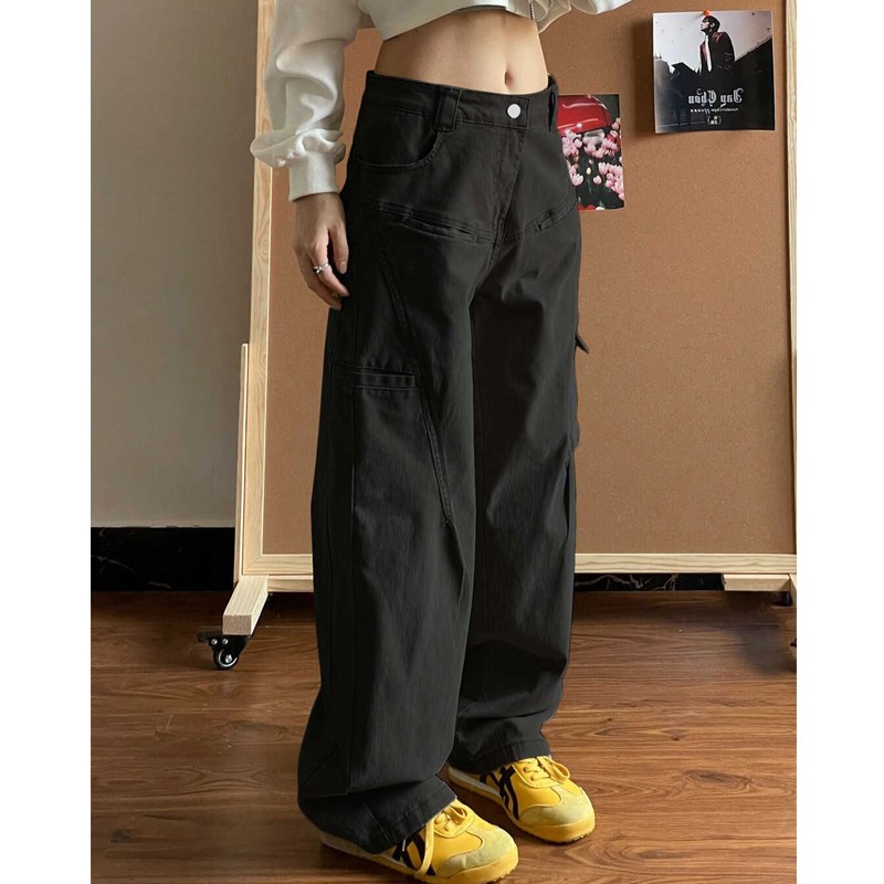 复古黑色休闲工装直筒牛仔裤女大码秋冬新款美式高腰显瘦阔腿裤潮