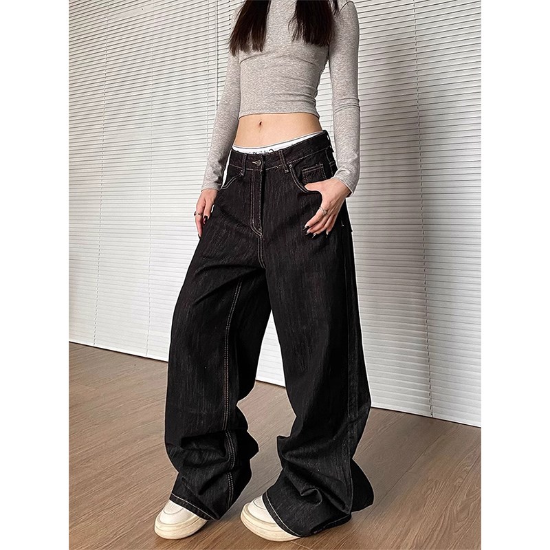 美式复古刺绣宽松百搭牛仔裤女2025春季新款高腰显瘦直筒阔腿裤子