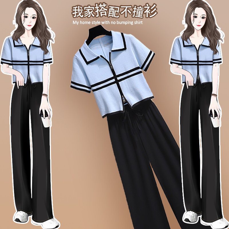 2023年夏季新款女套装设计感小众针F织短款上衣黑色阔腿裤两件套