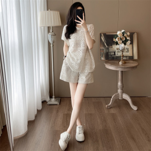 减龄穿搭一整套蕾丝短袖短裤休闲套装女夏新款宽松洋气运动两件套