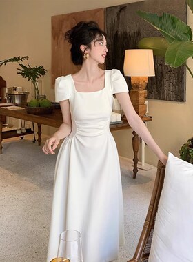 白色短袖连衣裙子女夏季茶歇法式小个子高级感收腰显瘦小白裙长裙