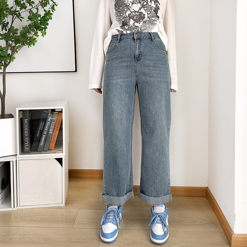 大码窄版直筒牛仔裤女2025春季高腰女裤显瘦烟管裤胖mm卷边裤子