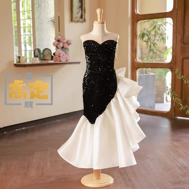 儿童模特走秀艺考主持修身包臀礼服女童连衣裙轻奢气质演出服鱼尾