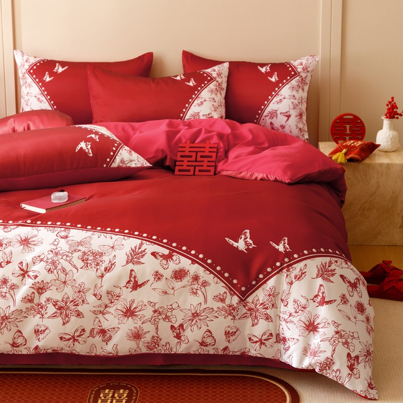 浪漫婚庆100支长绒棉四件套红色少女心纯棉新婚被套结婚床上用品4