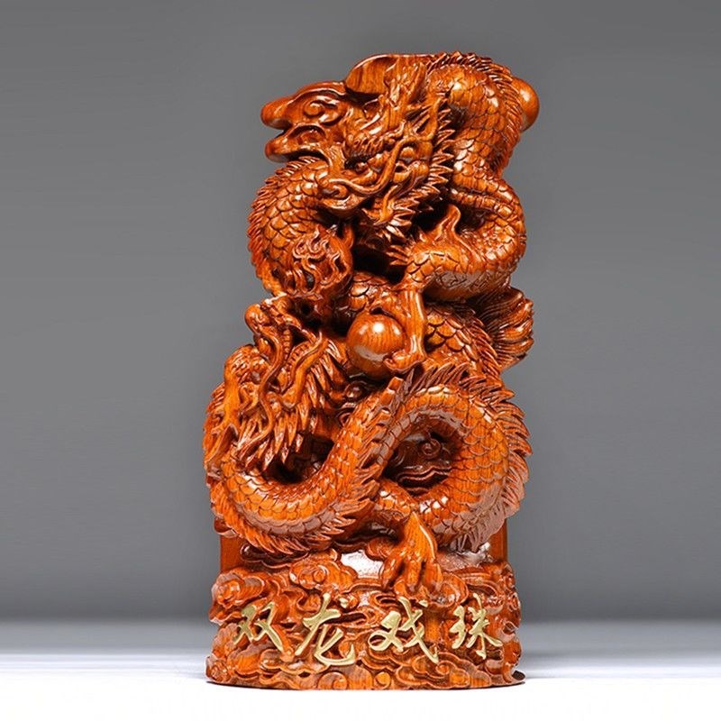 花梨木雕龙摆件实木质双龙戏珠摆设家居客厅办公室装饰工艺品送礼