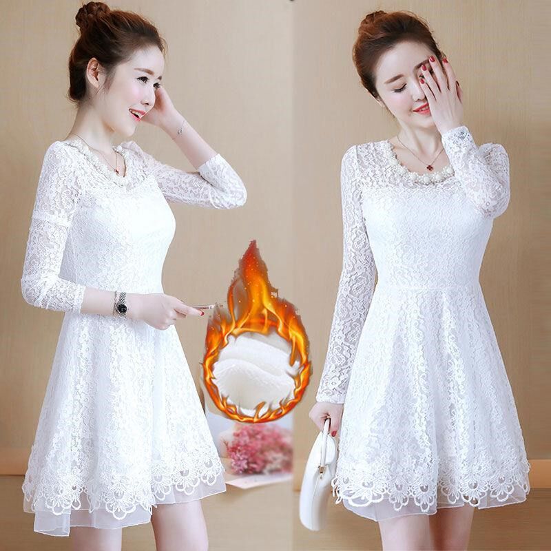 蕾丝打底衫长款加绒加厚连衣裙女2023秋冬新款中长款修身显瘦圆领