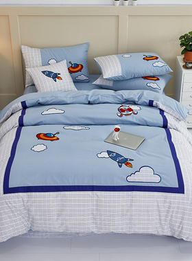 儿童卡通四件套小男孩o天蓝色纯棉床单被套60支全棉三件套1.35床