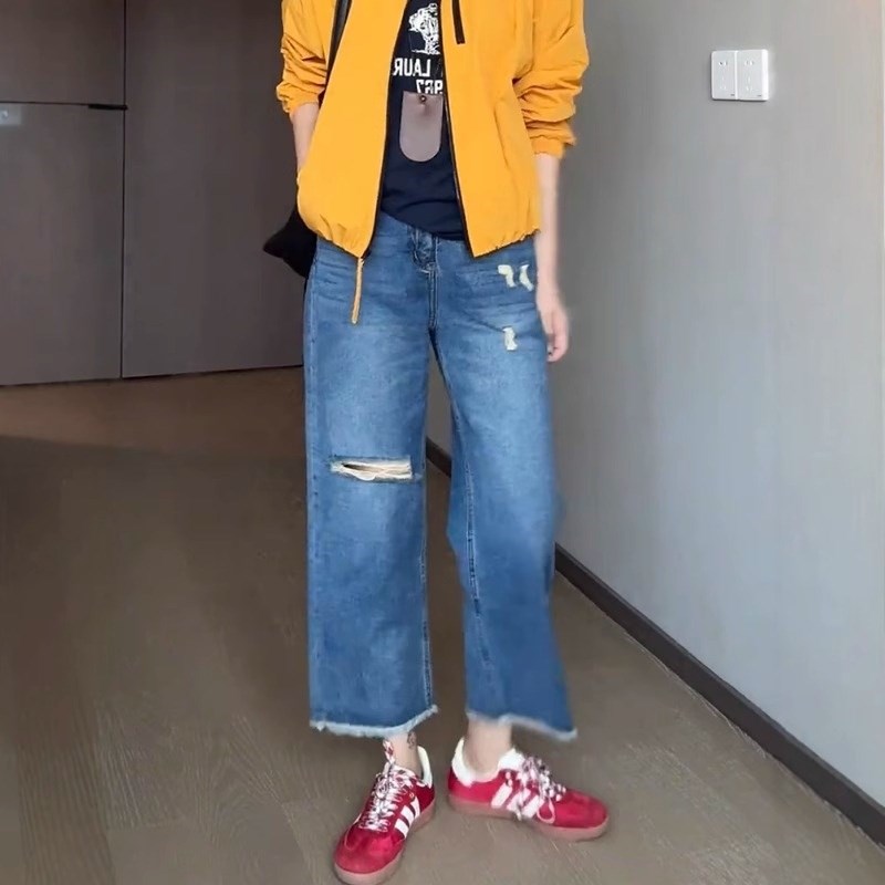 大码女装高腰显瘦直筒毛边牛仔裤春季新款遮胯宽松九分阔腿裤