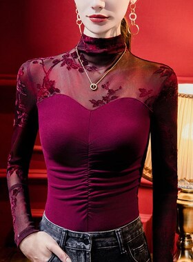 洋气红色高级感打底衫女修身长袖t恤印花蕾丝网纱拼接半高领上衣