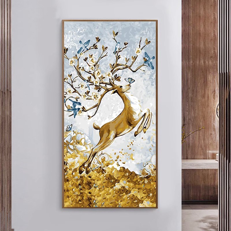 数字油画鹿手工i手绘玄关装饰画油彩画画填色diy福鹿生财丙烯填充图片