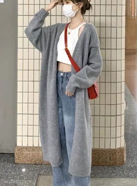 秋冬灰色针织开衫外套长版毛衣女202F3新款春秋奶系穿搭上衣慵懒