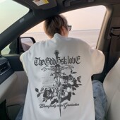 300斤十字架玫瑰印花男式 全棉t恤美式 高街青少年短袖 特大码 情侣装