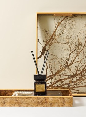 欧式轻奢金色长方形透明底茂密树枝托盘摆件样板间客厅收纳盘装饰