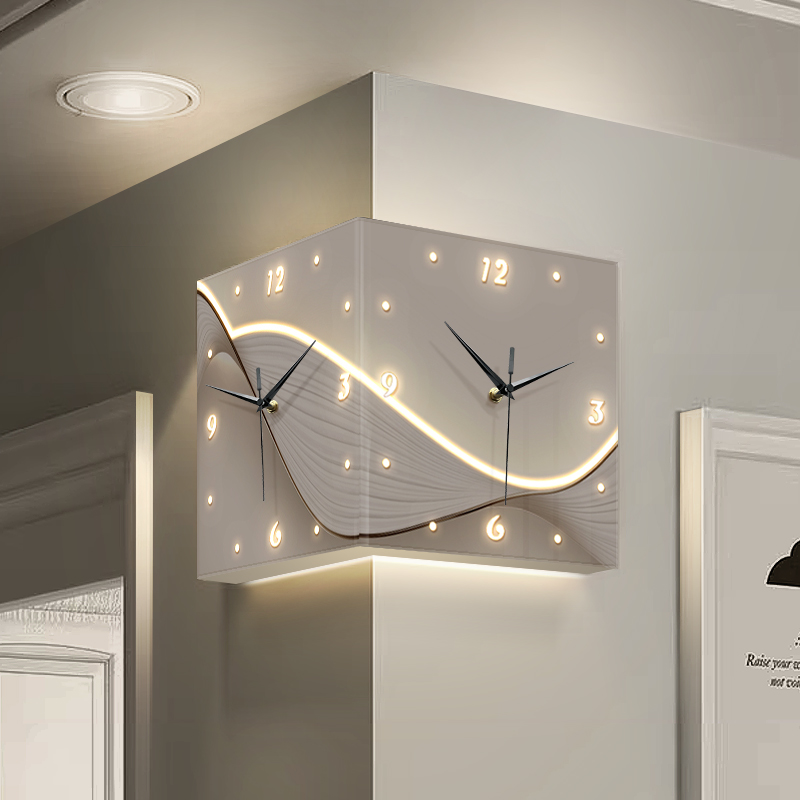 现代简约客厅转角双面挂钟创意免打孔拐角时钟挂墙壁灯画墙壁钟表