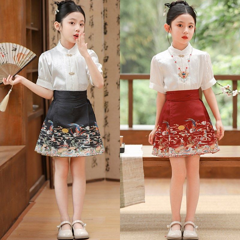 女童马面裙新款中国风改良套装2024夏季古装新中式短款汉服裙子图片