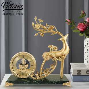 欧式黄铜鹿台钟客厅玄关座v钟家用别墅台式钟表创意卧室书房铜摆