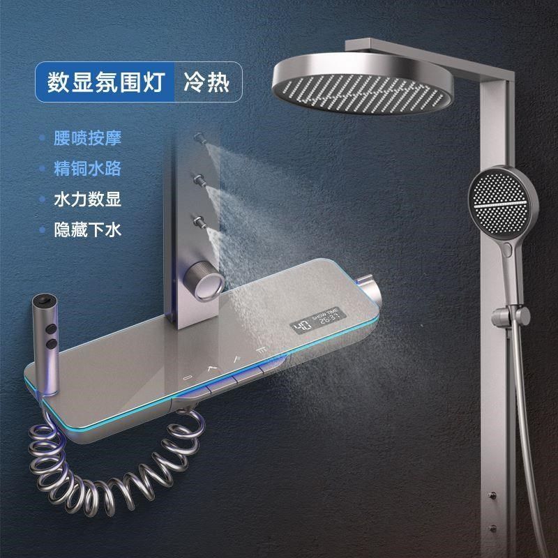网红贴墙款大置物平台数显恒温枪灰奶油白色增压家用淋浴花洒套装,家装主材,恒温花洒套装,淘宝优惠券,粉丝福利购,淘宝优惠卷