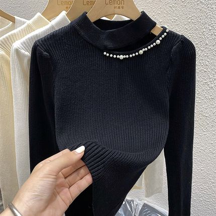 2023毛衣女秋冬内搭镂空打底衫设计感I小众修身加厚白色针织衫上