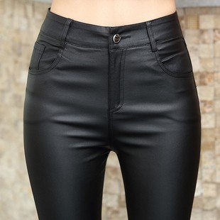 哑光磨砂加长加绒皮裤子女高腰显瘦2024年秋新款涂层弹力打底裤女