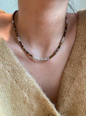 天然虎眼石银色拉丝金属串珠项炼女配饰独特小众设计高级感毛衣炼